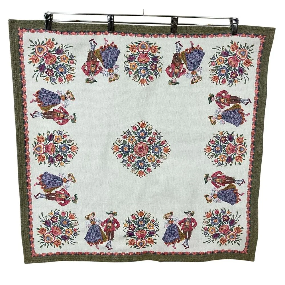 Vintage Jacquard Austrian Folk Art Square Tablecloth Bavarian Dancers Florals